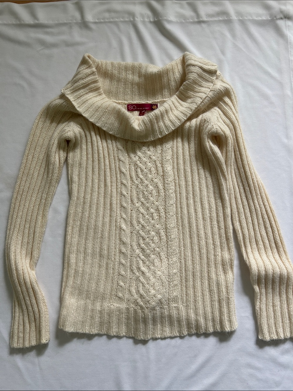 SO Cream Cable-Knit Cowl Neck Sweater